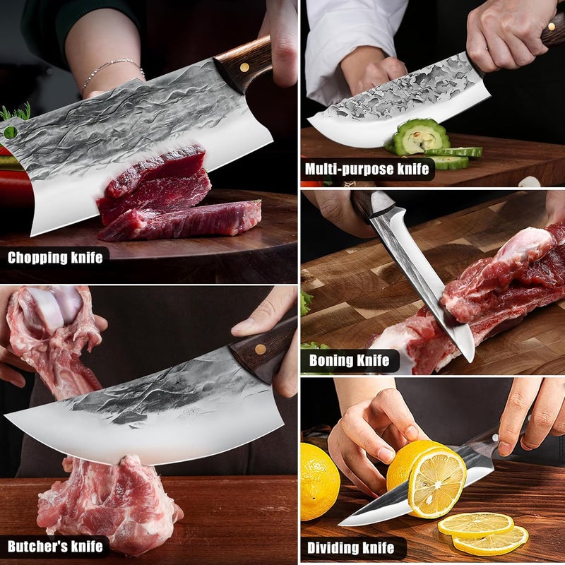 zeng 7 Pieces Butcher Knife Set with Roll Bag, Chef Knife Set for Meat Cleaver Cutting & Viking Knives with Ergonomic Handles, Stainless Steel Hand Forged Kitchen Knife Set for Home, Cooking, Camping - Image 5